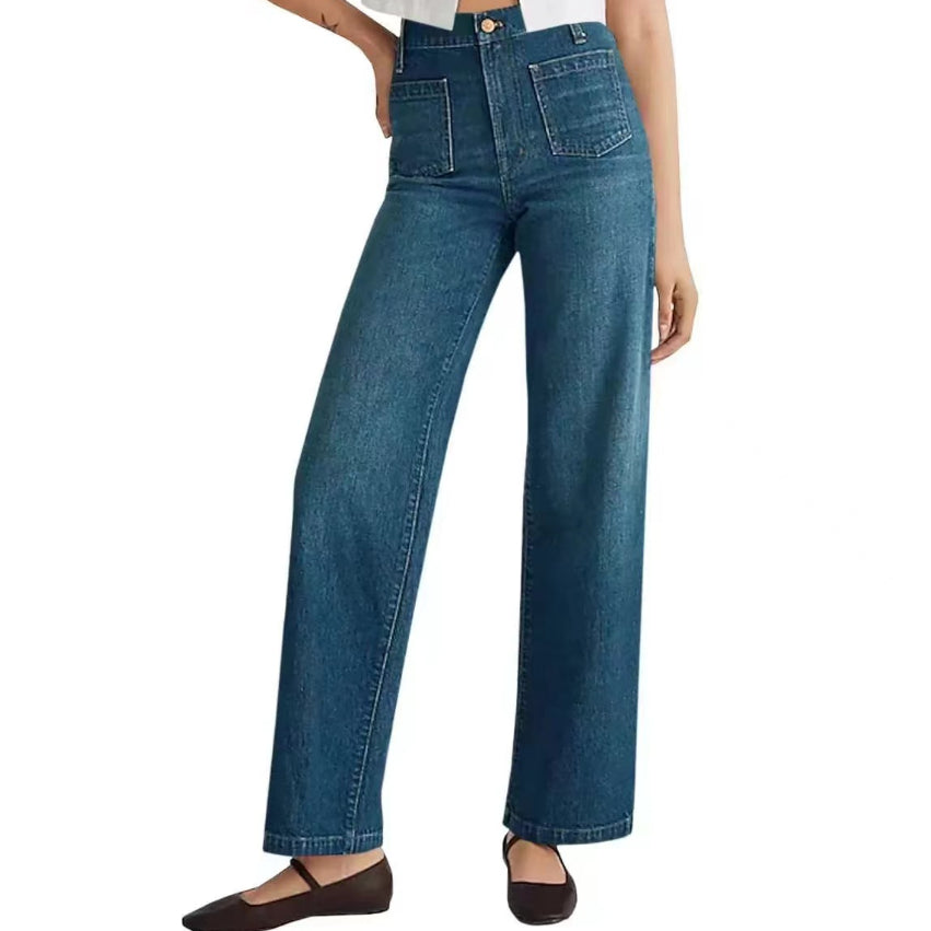 Damjeans Med Hög Midja Och Vida Ben, Sliten Design Med Fyrkantiga Fickor
