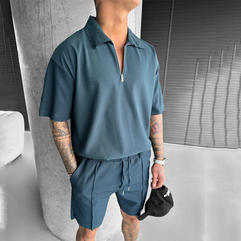 Herrpolo med dragkedja och shorts, tvådelat set, bomullsblandning, sportig och fritidsstil, sommarkläder