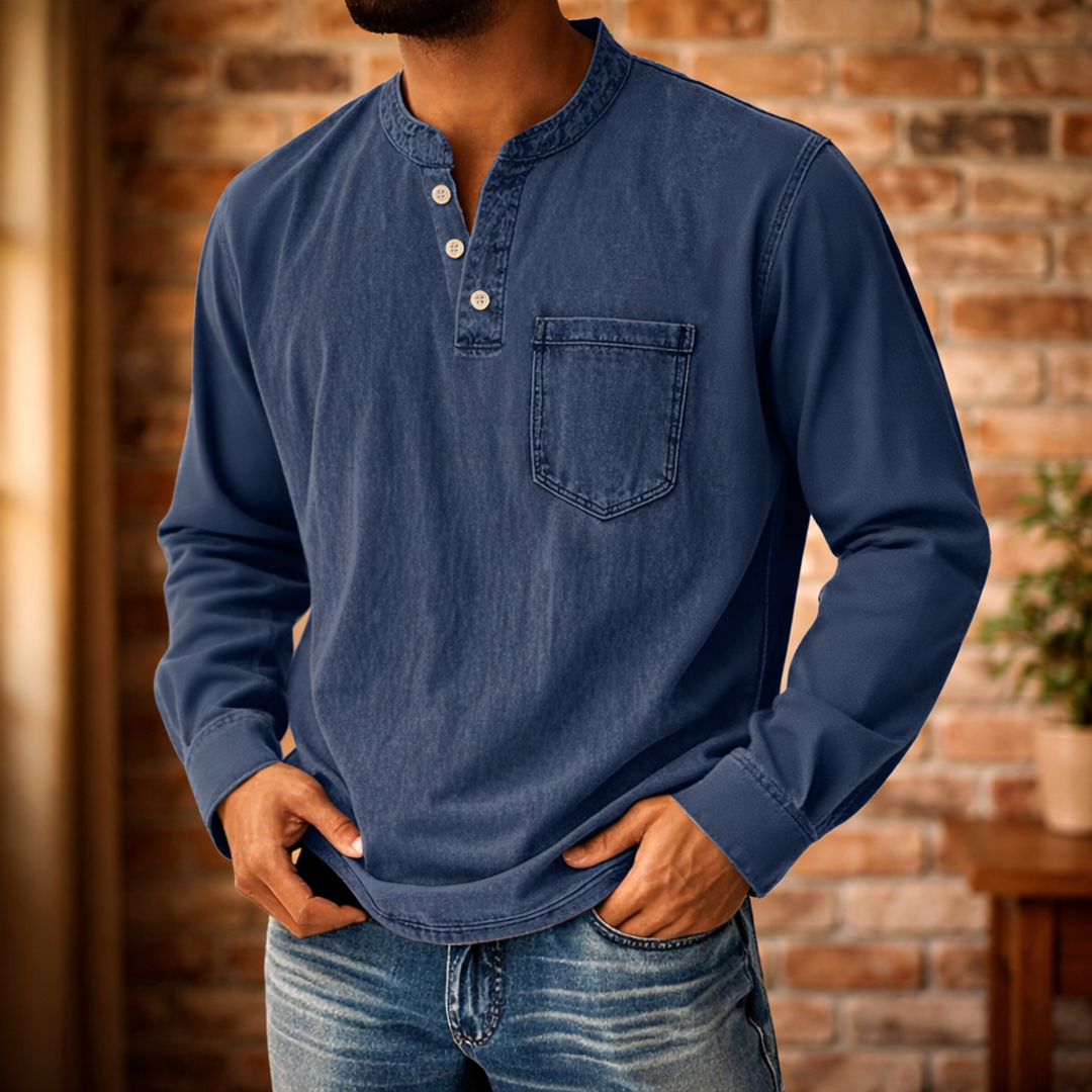 Herr Långärmad Skjorta Med Knappar Bröstficka Normal Passform