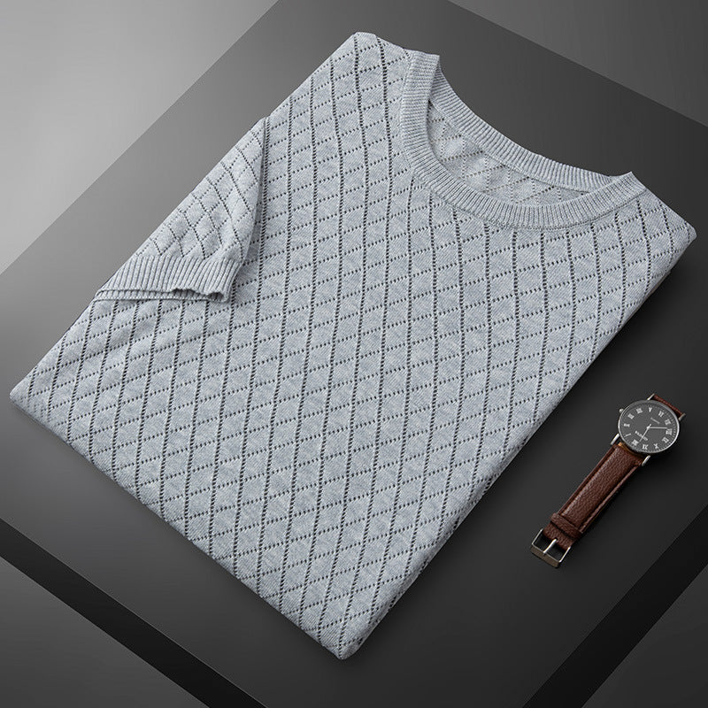 Herrstickad, Halvringad, Ihålig, Kortärmad, Rutig Pullover, Strykfri, Affärströja För Pendling