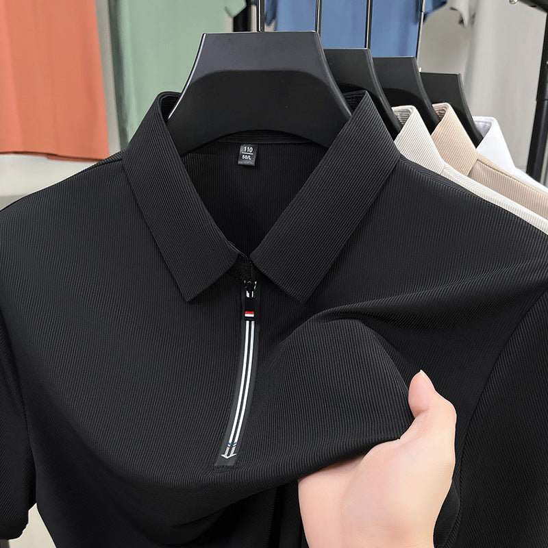 Herr Sommar Issiden Halv Dragkedja Kortärmad Slim Fit Business Poloshirt Stretchig Enfärgad Färg