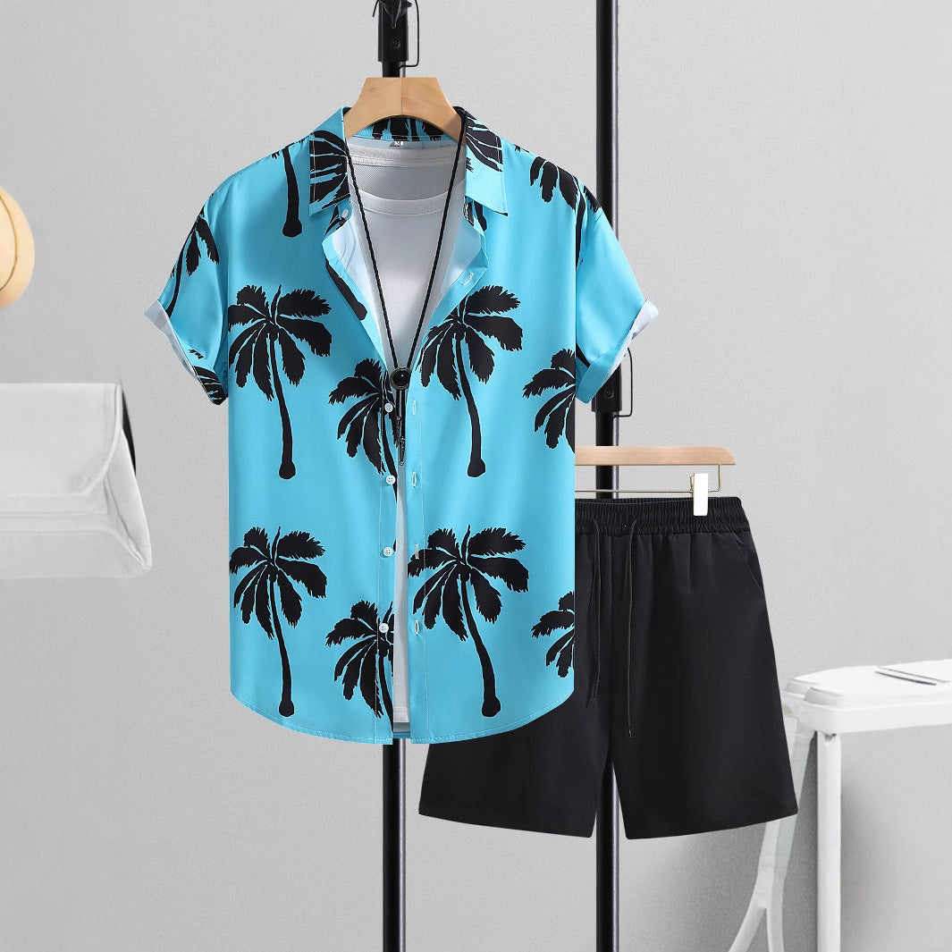 Sommarset med kortärmad skjorta och byxor för män, avslappnad tvådelad kostym, enfärgad och lättviktig outfit
