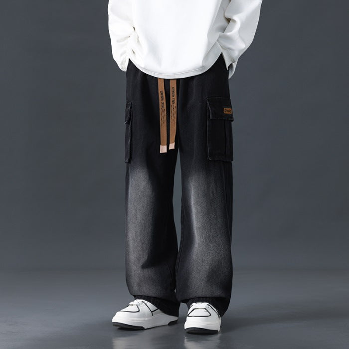 Höstjeans med vida ben, rak passform, löst draperande, tonade tvättade jeans, medelhög midja, mikroelastiska