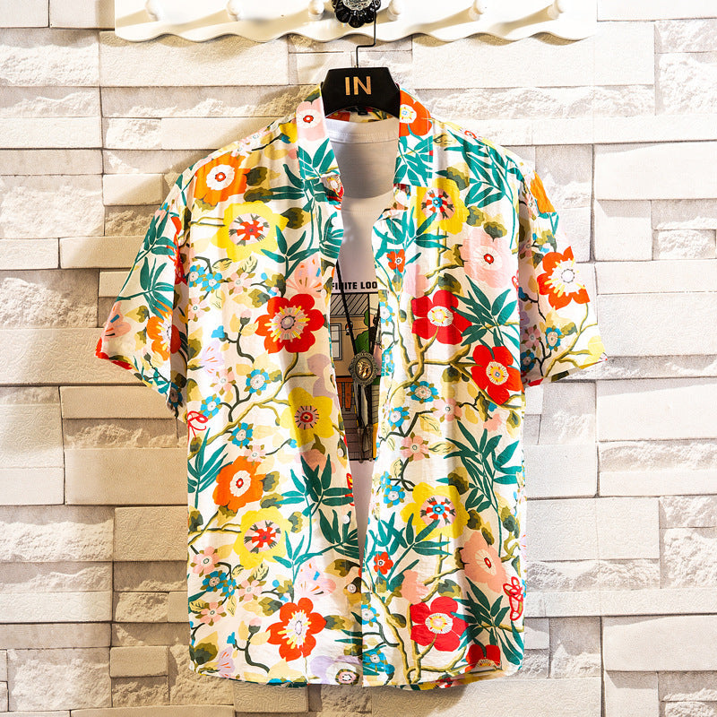 Herr Sommar Blommigt Mönster Kortärmad Skjorta Slagkrage Slim Fit Kofta Stil Multifärgad