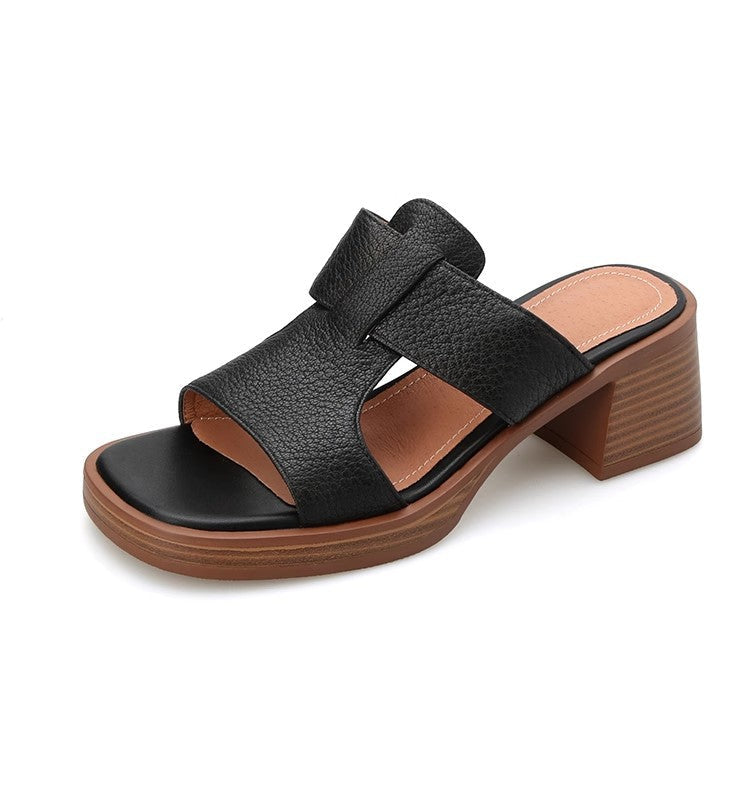 Dam Sommarsandaler Med Tjock Klack Och Fyrkantig Tå Med Ankelspänne