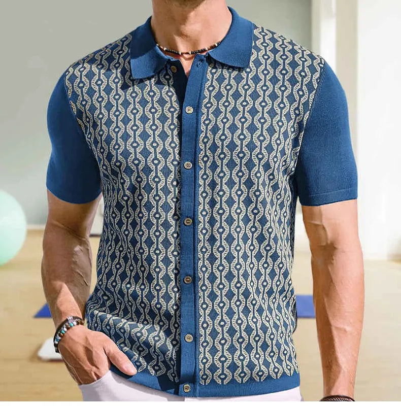 Herr Kortärmad Kofta Med Slagmönster Geometrisk Jacquard Flockad Knapptröja