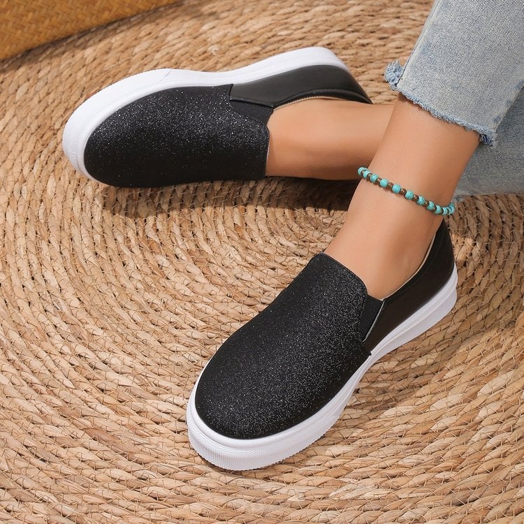 Rund Tå Med Paljettdetaljer För Kvinnor, Loafers Med Resårband Och Platt Gummisula