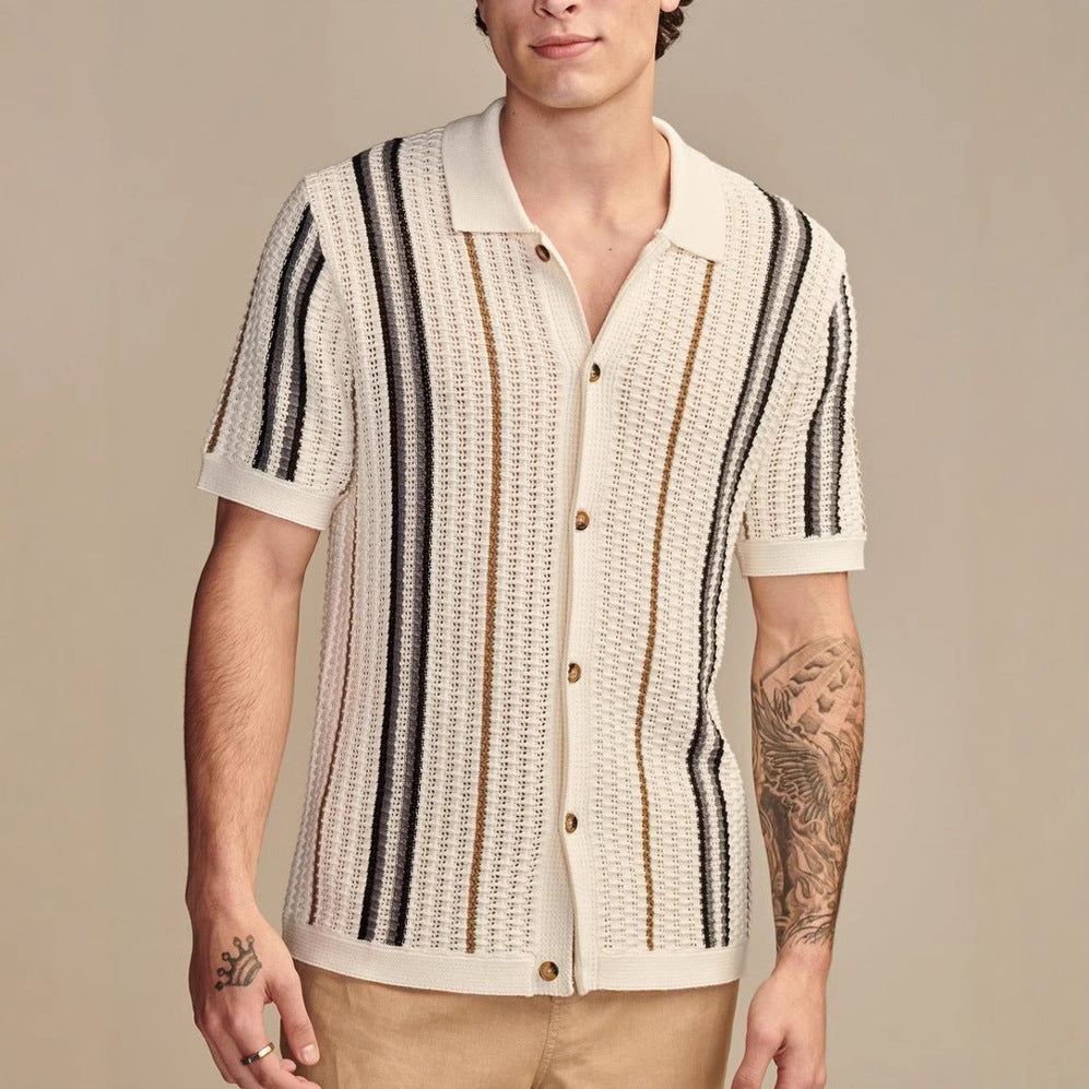Herr Sommar Randig Ihålig Stickad Polo Kortärmad Kofta Brittisk Stil Topp