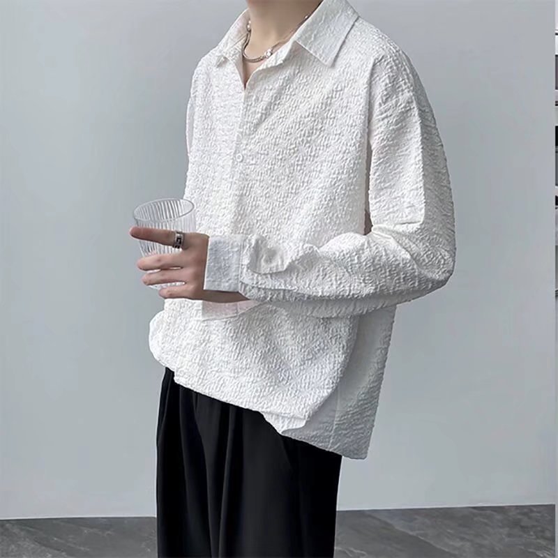 Herr Vår Höst Präglad Enfärgad Jacquard Långärmad Loose Fit Kofta Skjorttopp