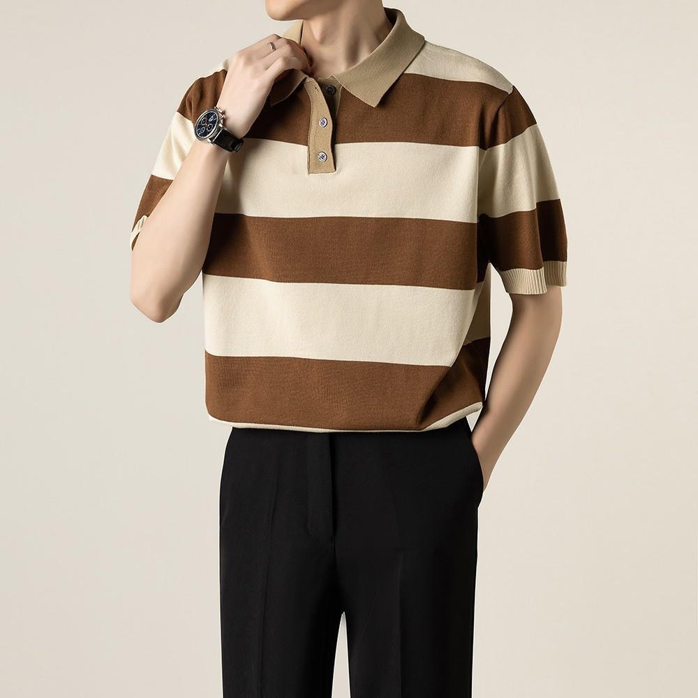 Herr Sommar Randig Kortärmad Stickad Polotröja Slim Fit Lätt Topp
