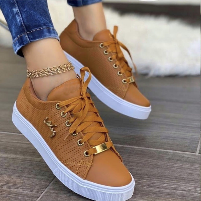 Platta Sneakers Med Snörning För Kvinnor, Andningsbara, Rund Tå, Låg Pu-Sula