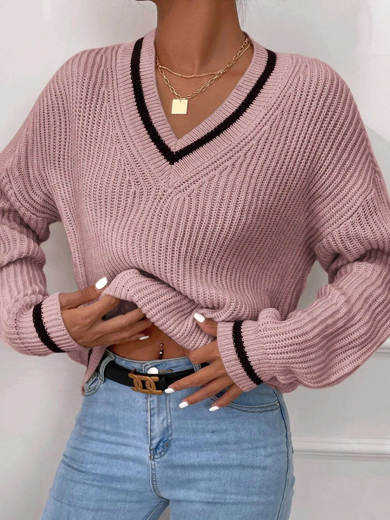 Dam V-Ringad Tröja Med Lång Ärm Och Kabelstickad Pullover
