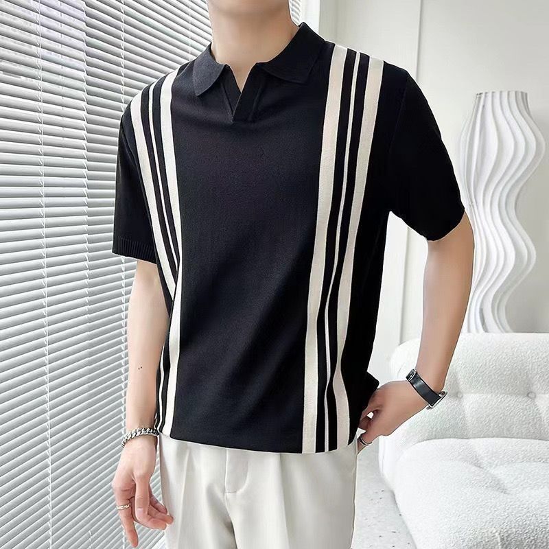 Herr Sommar T-Shirt Med Blandade Färger Och Randig Halvärm Och Slagmönster, Smal Passform