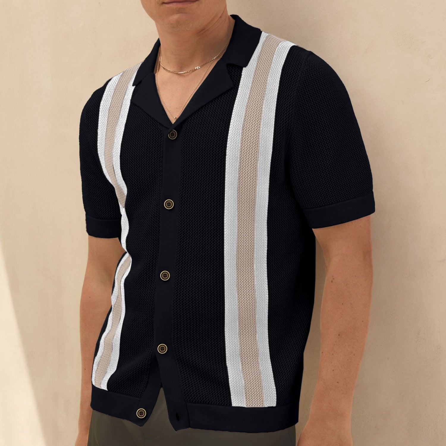 Men Summer Färg Block Short Sleeve Cuban Collar Knitted Cardigan