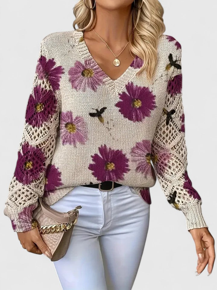 Damhöstblus Med Blommönster Och V-Ringning