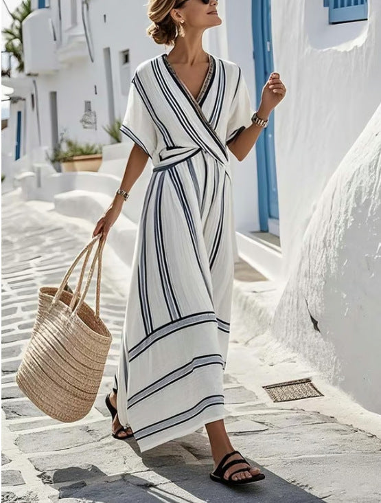 Sommarklänning Med Randigt Tryck I Boho-Stil För Kvinnor, Korta Ärmar Och V-Ringning