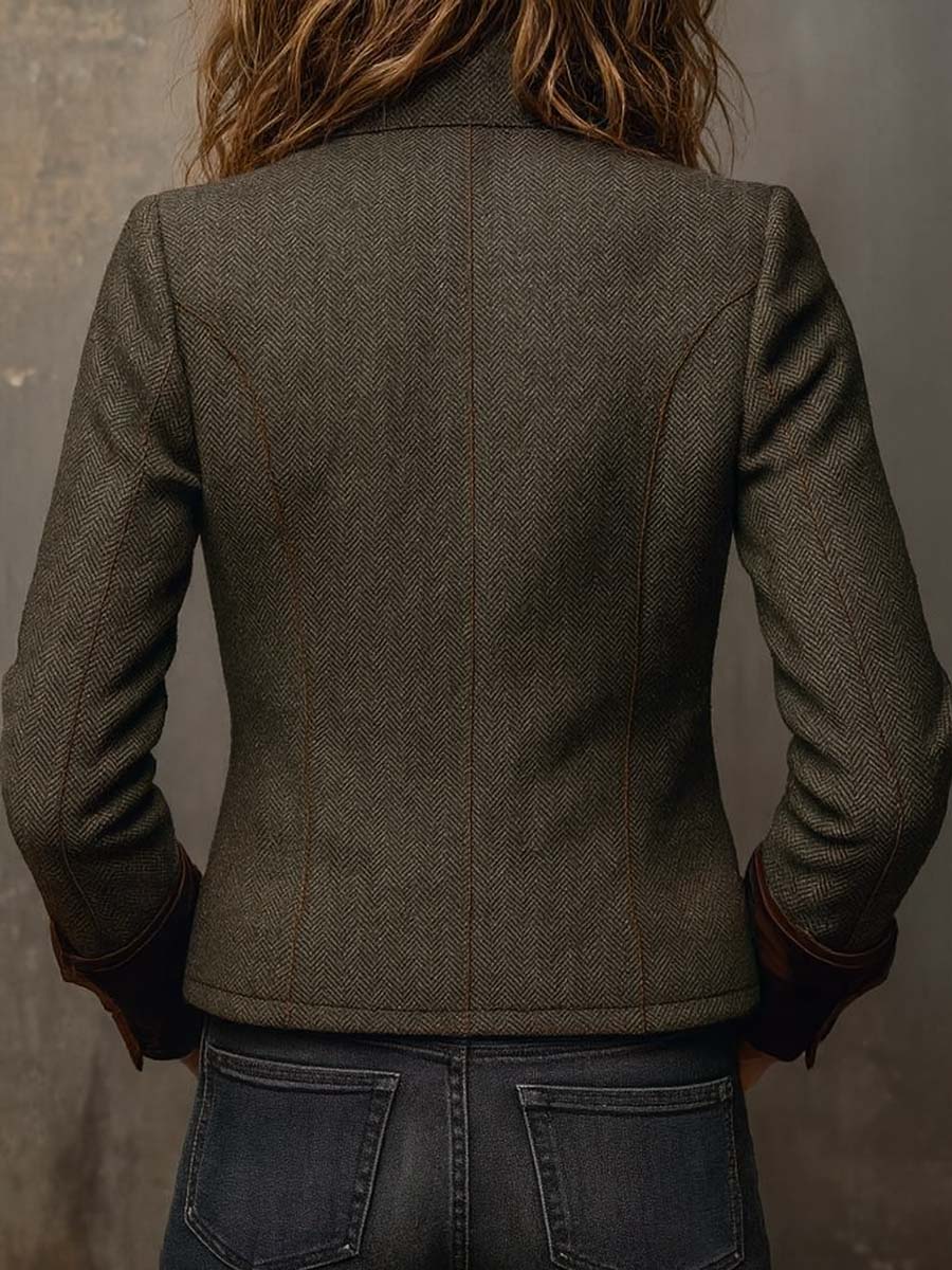 Kvinna Höst Blazer Herringbone Tweed Med Sammetskrage Och Metallknappar