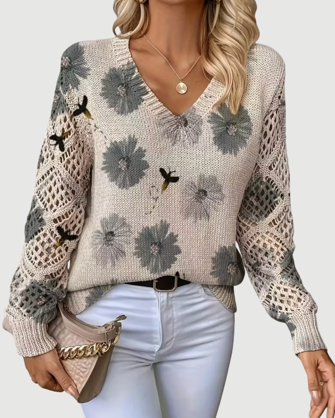 Kvinnotröja Med Öppen Stickning På Ärmar Och Mjuk Textur