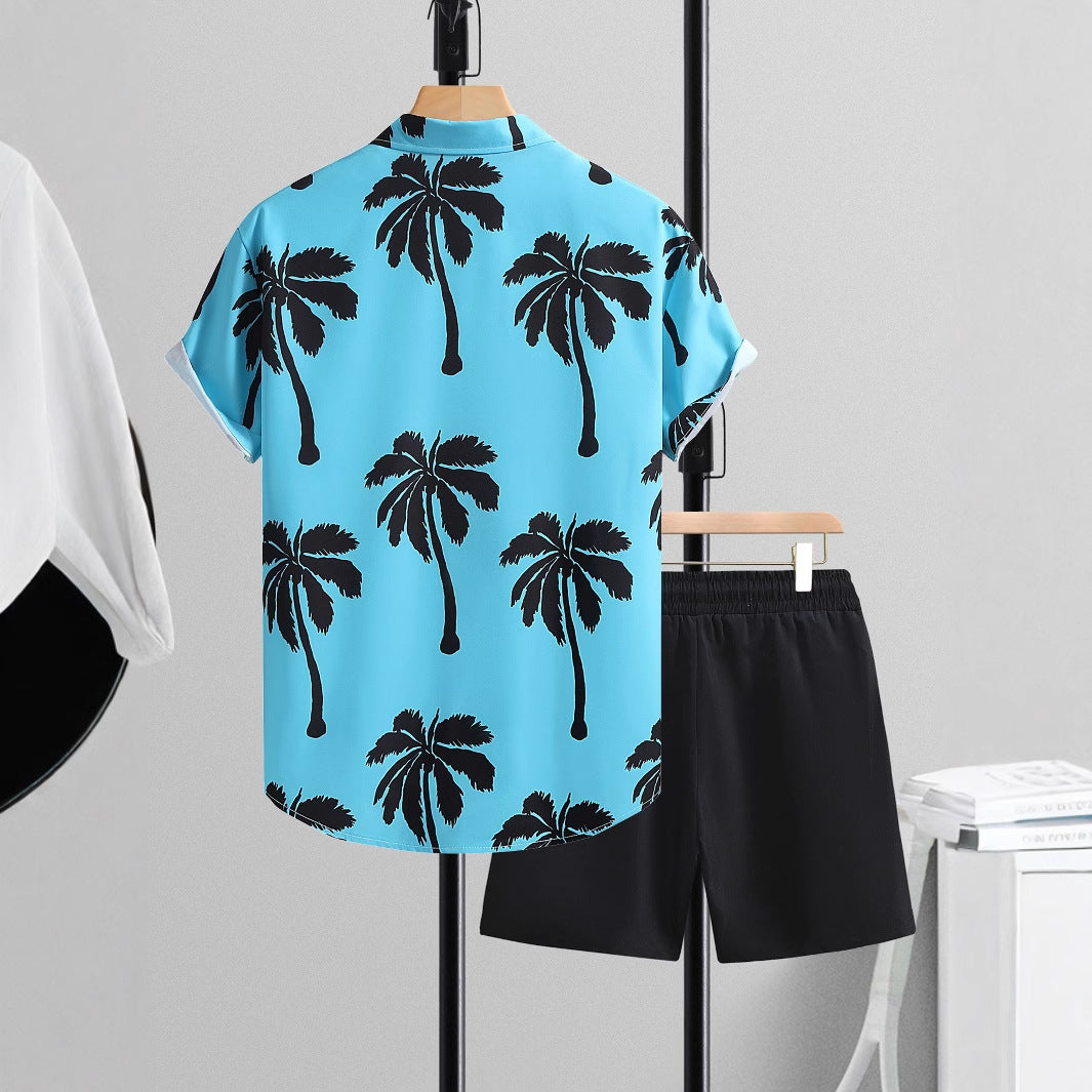 Sommarset med kortärmad skjorta och byxor för män, avslappnad tvådelad kostym, enfärgad och lättviktig outfit