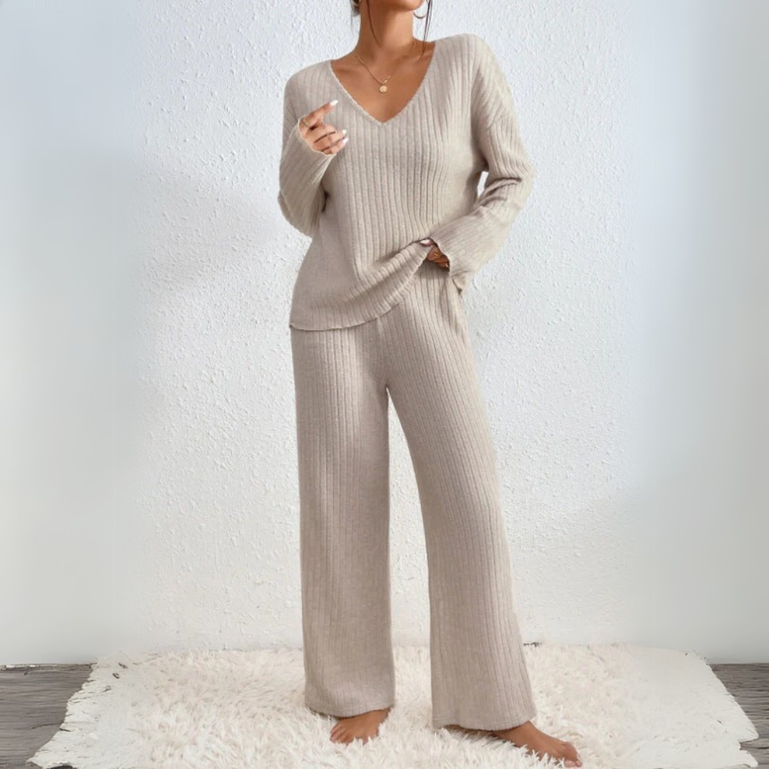 Loungewear-set för Dam med V-ringad Tröja och Raka Byxor