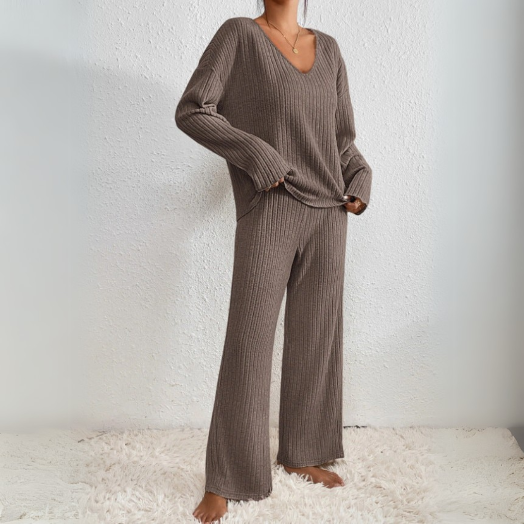 Loungewear-set för Dam med V-ringad Tröja och Raka Byxor