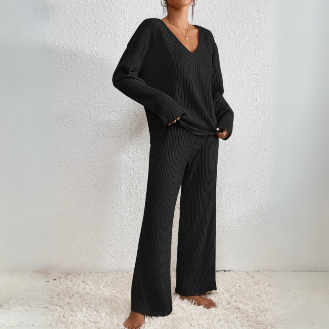 Loungewear-set för Dam med V-ringad Tröja och Raka Byxor