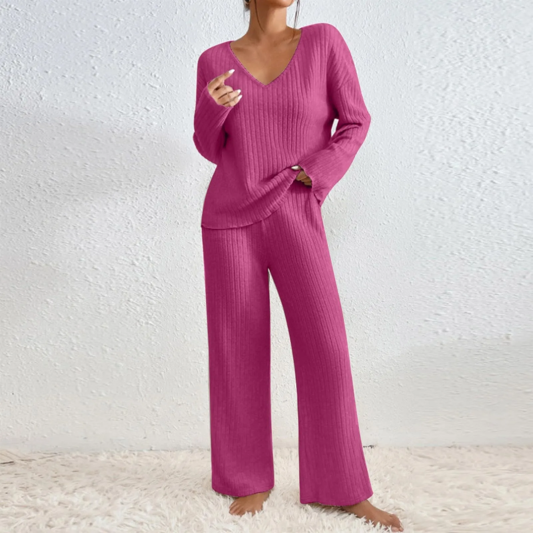 Loungewear-set för Dam med V-ringad Tröja och Raka Byxor