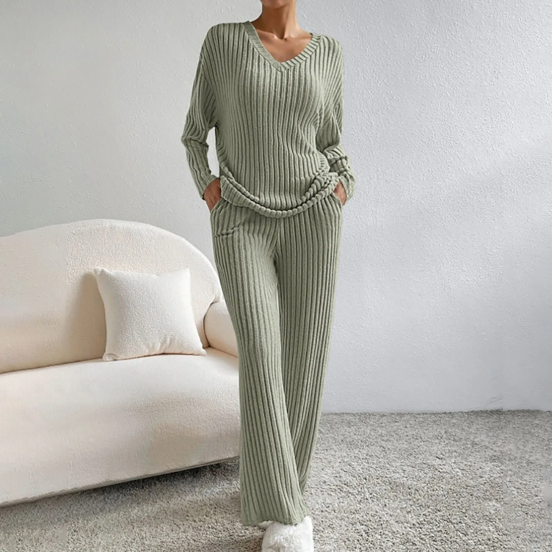 Loungewear-set för Dam med V-ringad Tröja och Raka Byxor