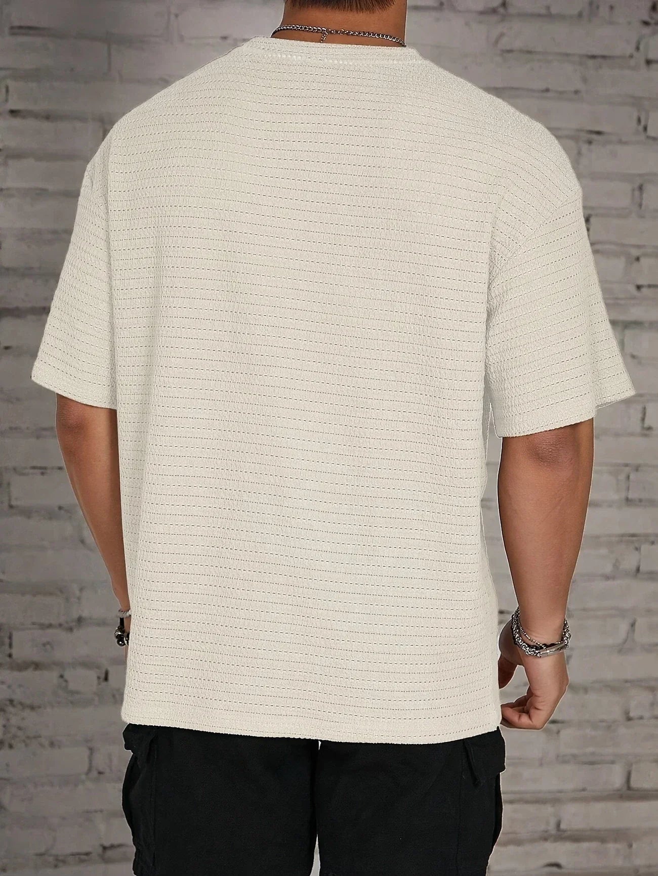 Herr Texturerad Stickad T-Shirt Avslappnad Passform Nedsänkta Axlar