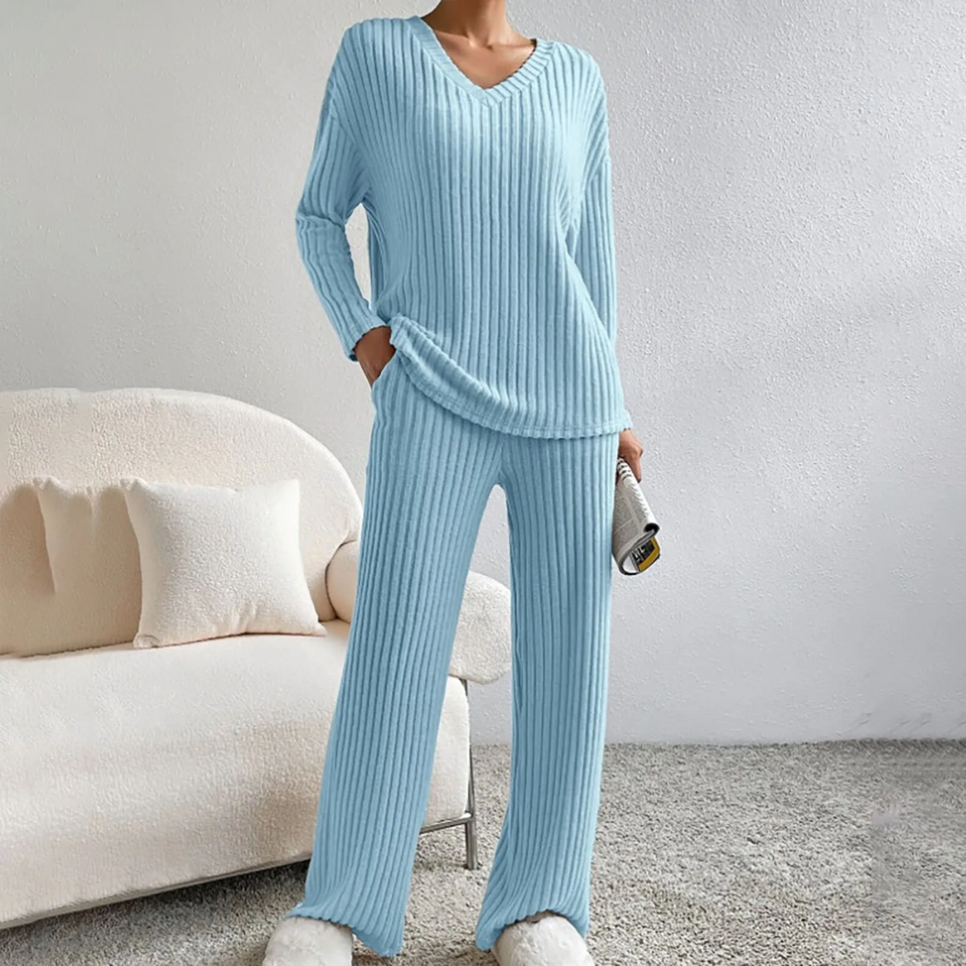 Loungewear-set för Dam med V-ringad Tröja och Raka Byxor
