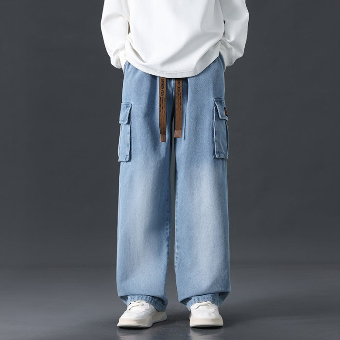 Höstjeans med vida ben, rak passform, löst draperande, tonade tvättade jeans, medelhög midja, mikroelastiska