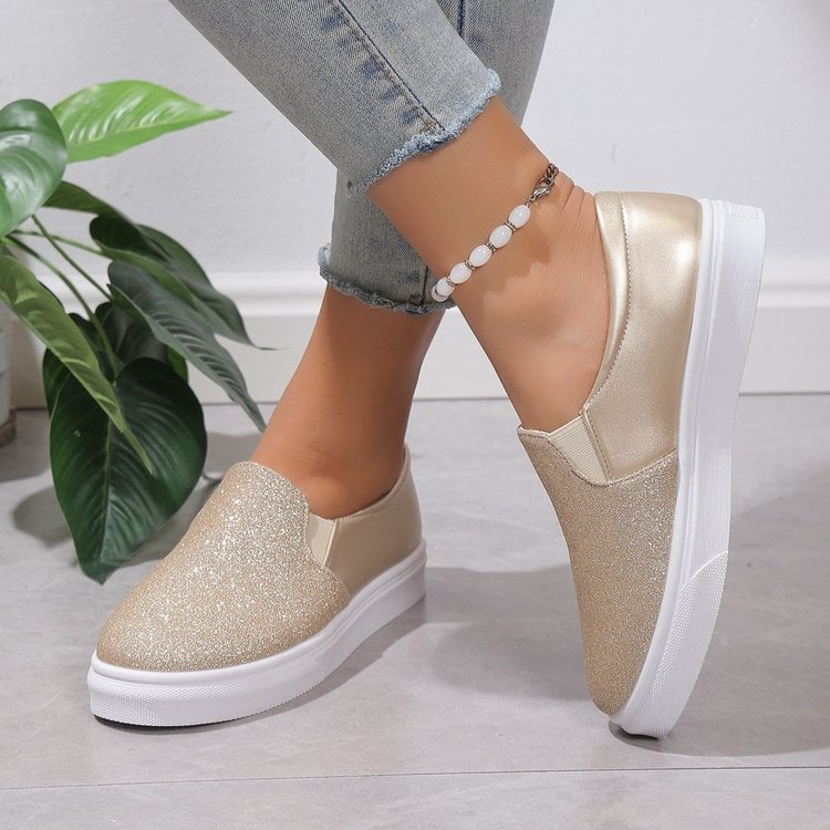 Rund Tå Med Paljettdetaljer För Kvinnor, Loafers Med Resårband Och Platt Gummisula