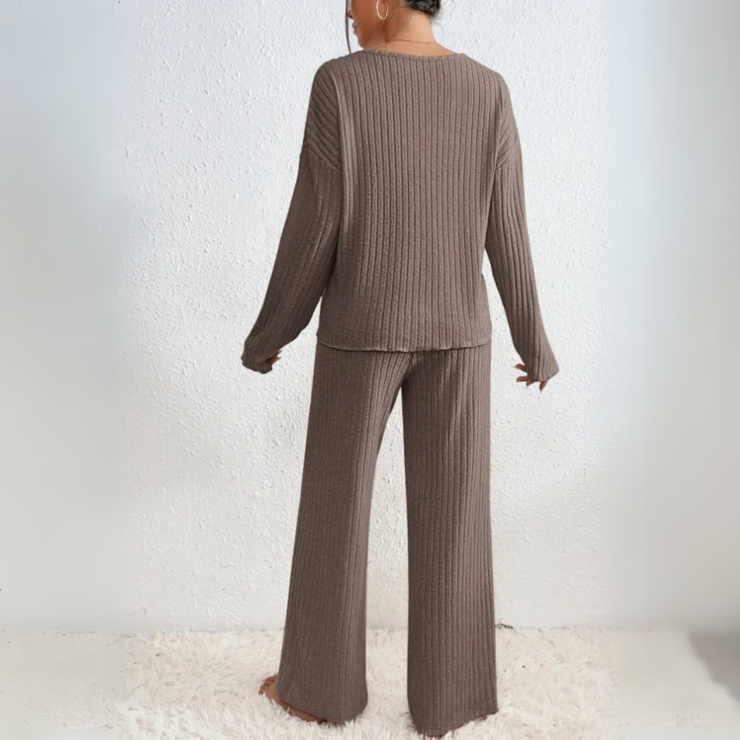Loungewear-set för Dam med V-ringad Tröja och Raka Byxor