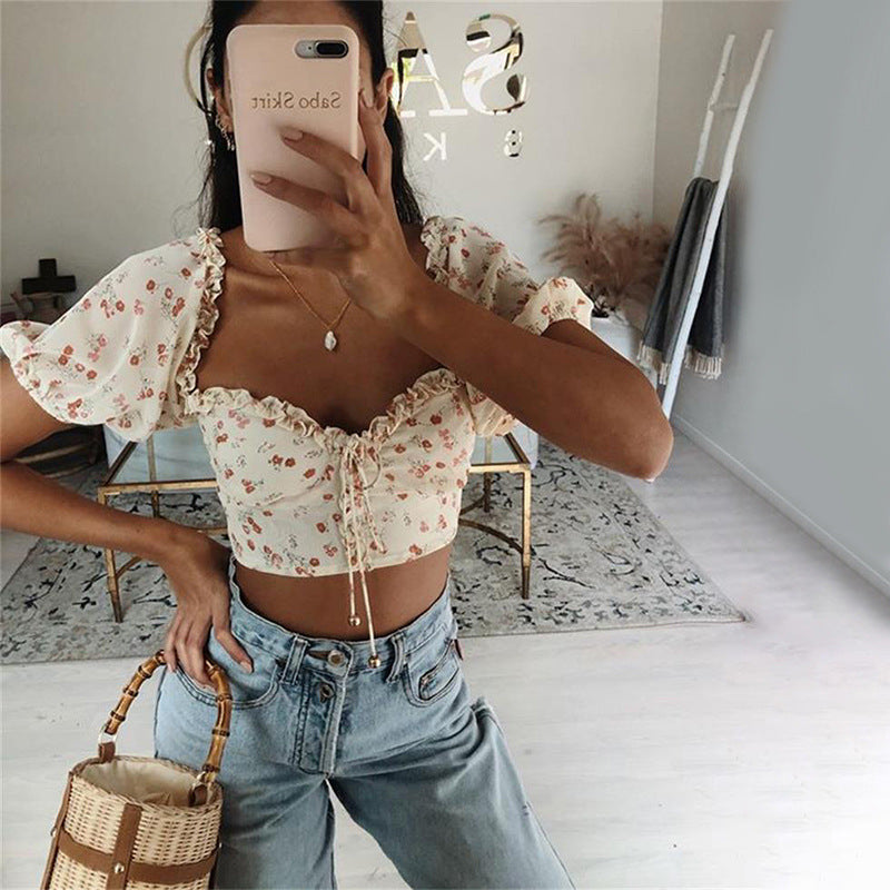 Slimmad U-Ringad Crop Top Med Blommönster För Kvinnor