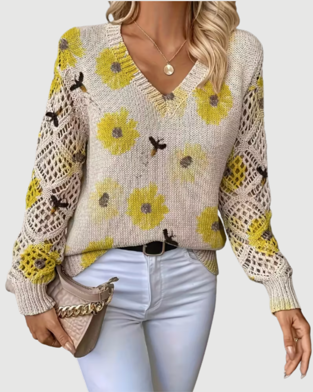 Kvinnotröja Med Öppen Stickning På Ärmar Och Mjuk Textur