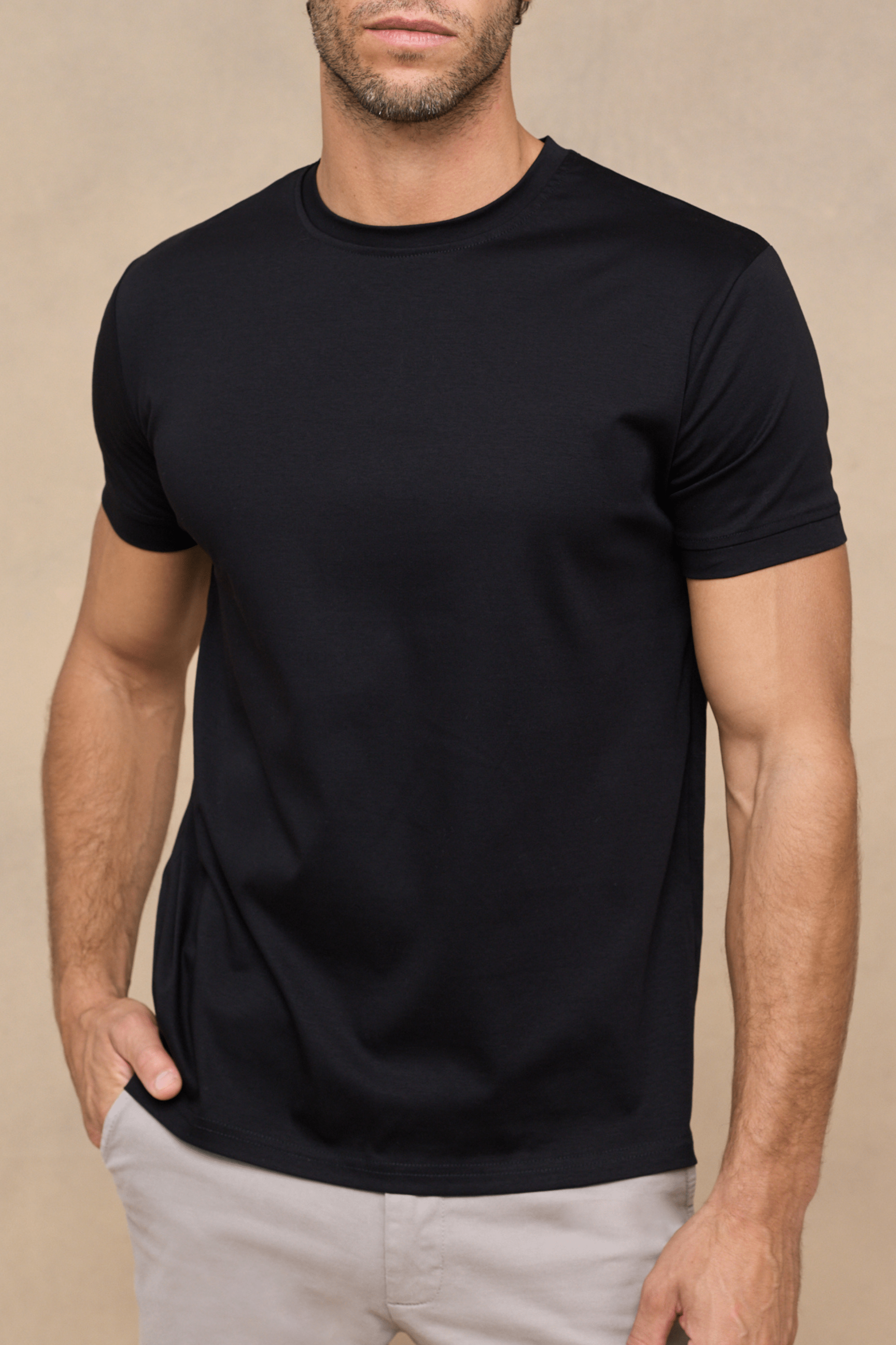 Herr T-shirt Rundhalsad Merceriserad Bomullsblandning Svart Mjuk Yta