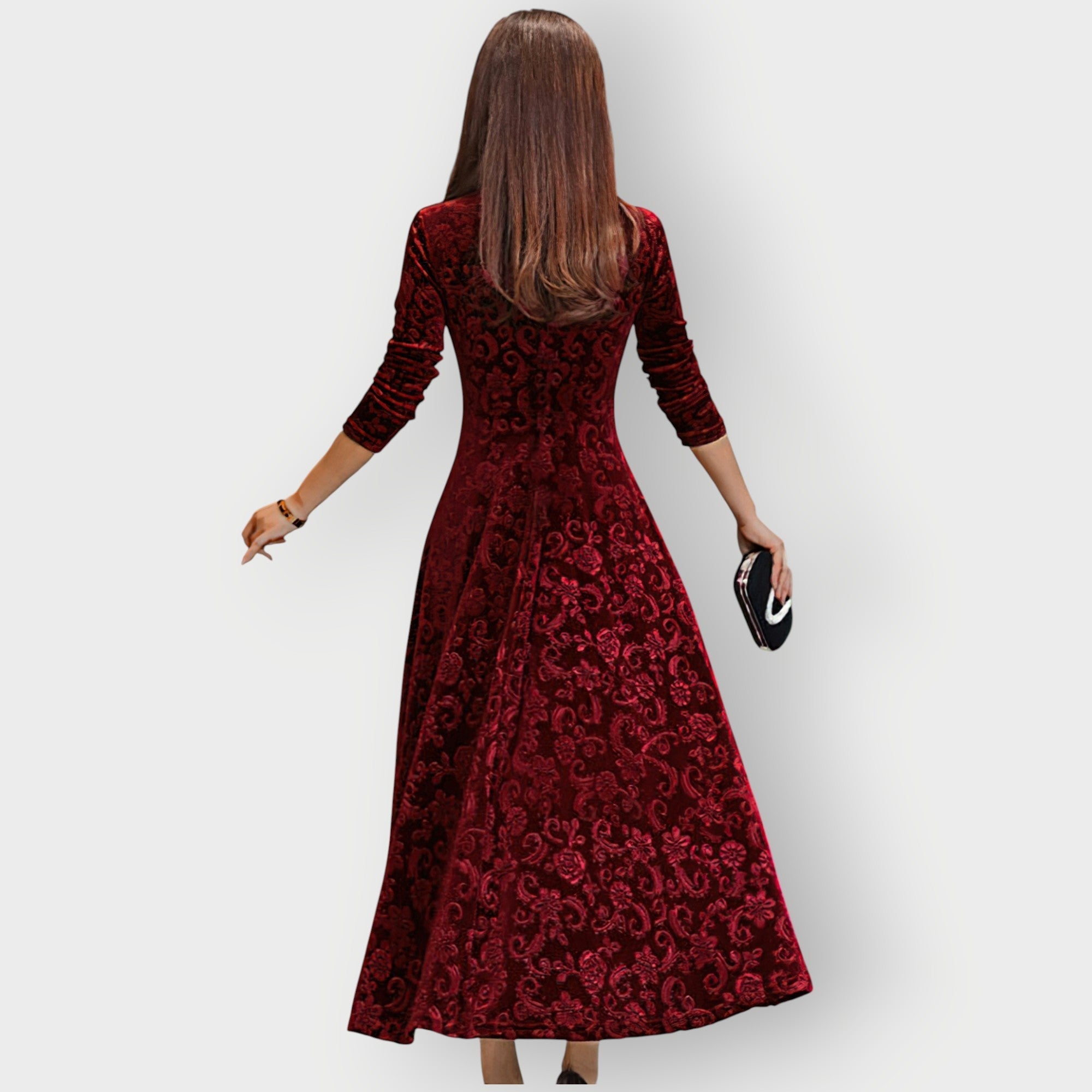 Kvinnoklänning Jacquard Sammet Midi V-ringad Fit-and-Flare