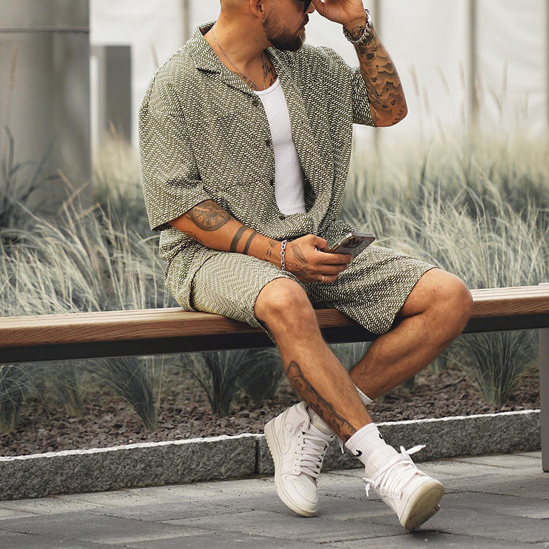 Herrset med kortärmad skjorta och shorts, tvådelat set, grågrönt, polyesterfiber, lättviktigt vardagskläder