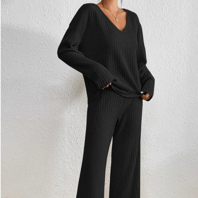 Dam Stickat Tvådelat Set Loungewear Med Elastisk Midja