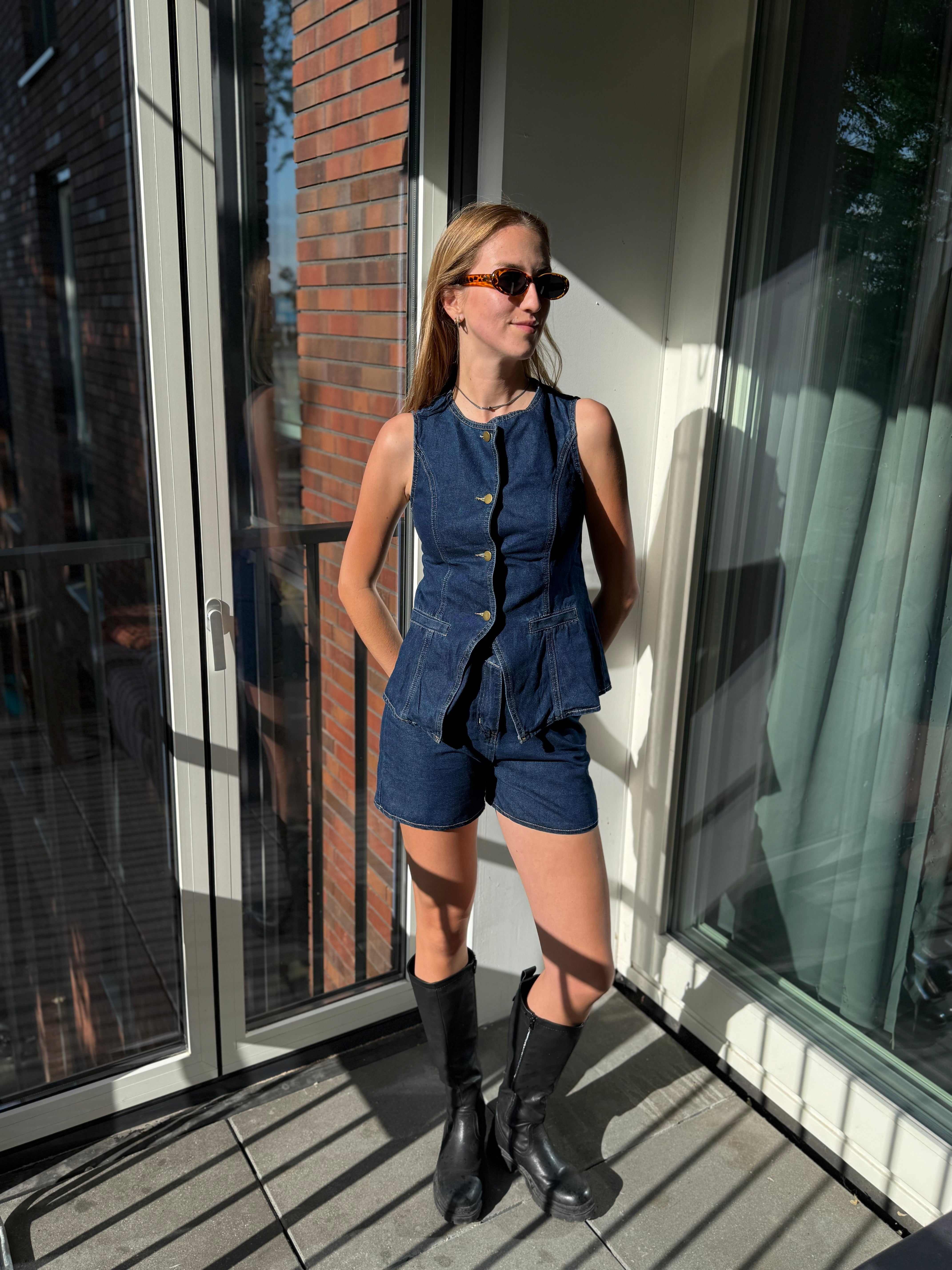 Dam Sommardenim Set i Två Delar: Ärmös Västen &amp; Shorts