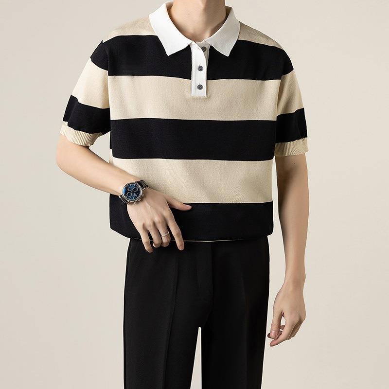 Herr Sommar Randig Kortärmad Stickad Polotröja Slim Fit Lätt Topp