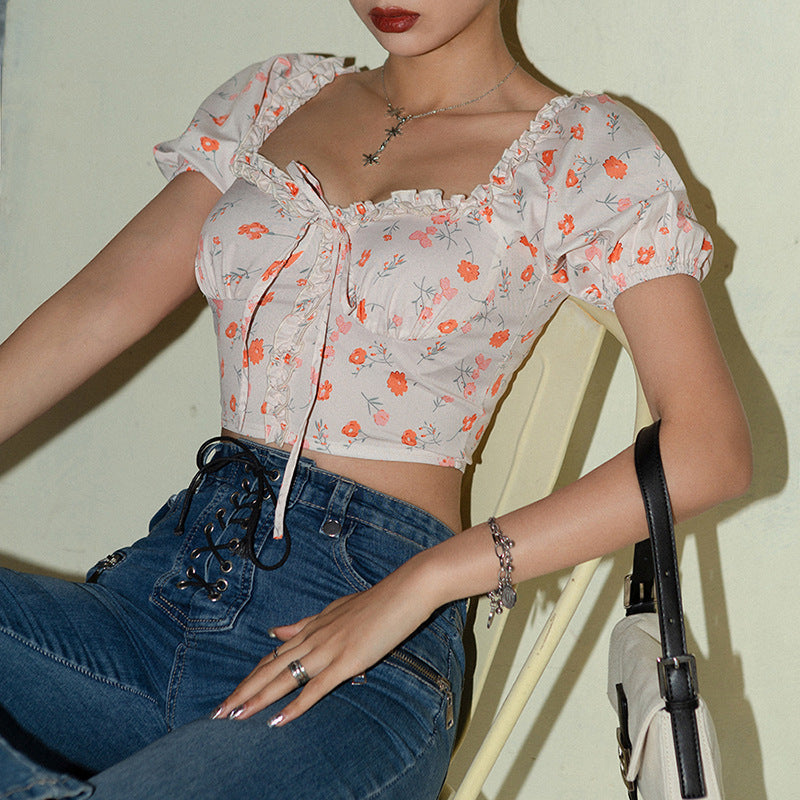 Slimmad U-Ringad Crop Top Med Blommönster För Kvinnor