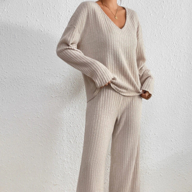 Dam Stickat Tvådelat Set Loungewear Med Elastisk Midja