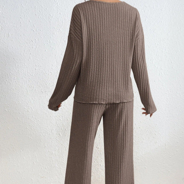 Dam Stickat Tvådelat Set Loungewear Med Elastisk Midja