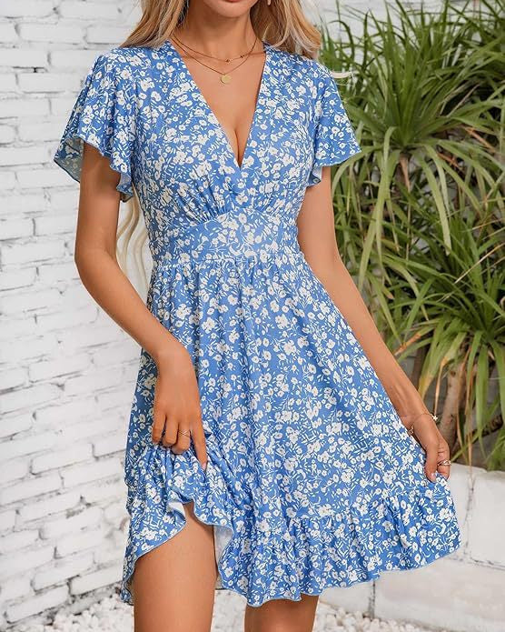 Sommarklänning Med Blommönster Och V-Ringning Och Volangärm För Kvinnor