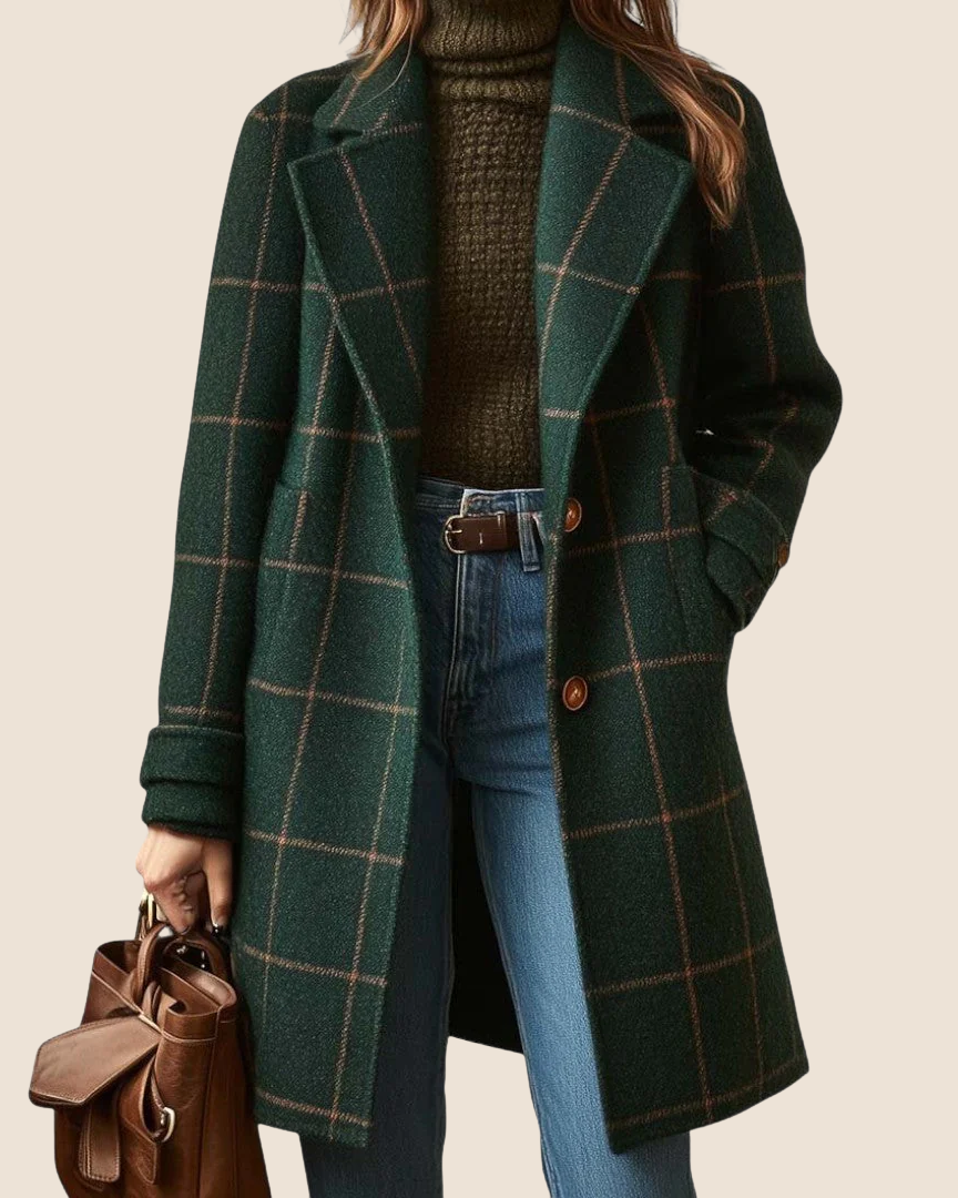 Dam Vinterkappa med Rutig Design, Skräddarsydd Midja och Hög Krage