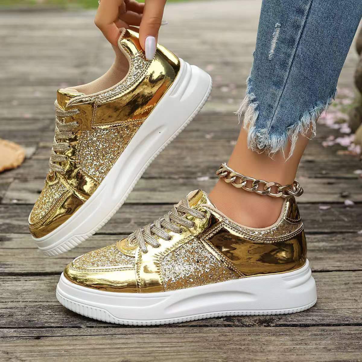 Damsneakers Med Snörning, Paljettdesign Och Tjock Platt Sula