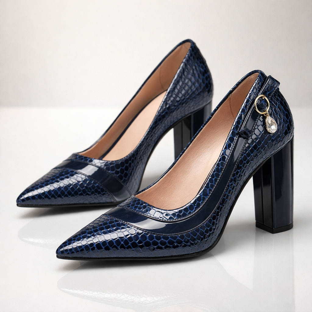 Klackskor Med Spetsig Tå, Krokodilpräglad Glansig Finish, Blockklack För Kvinnor