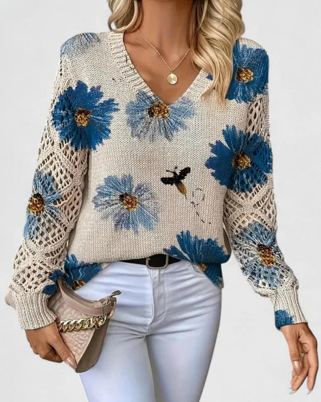 Kvinnotröja Med Öppen Stickning På Ärmar Och Mjuk Textur