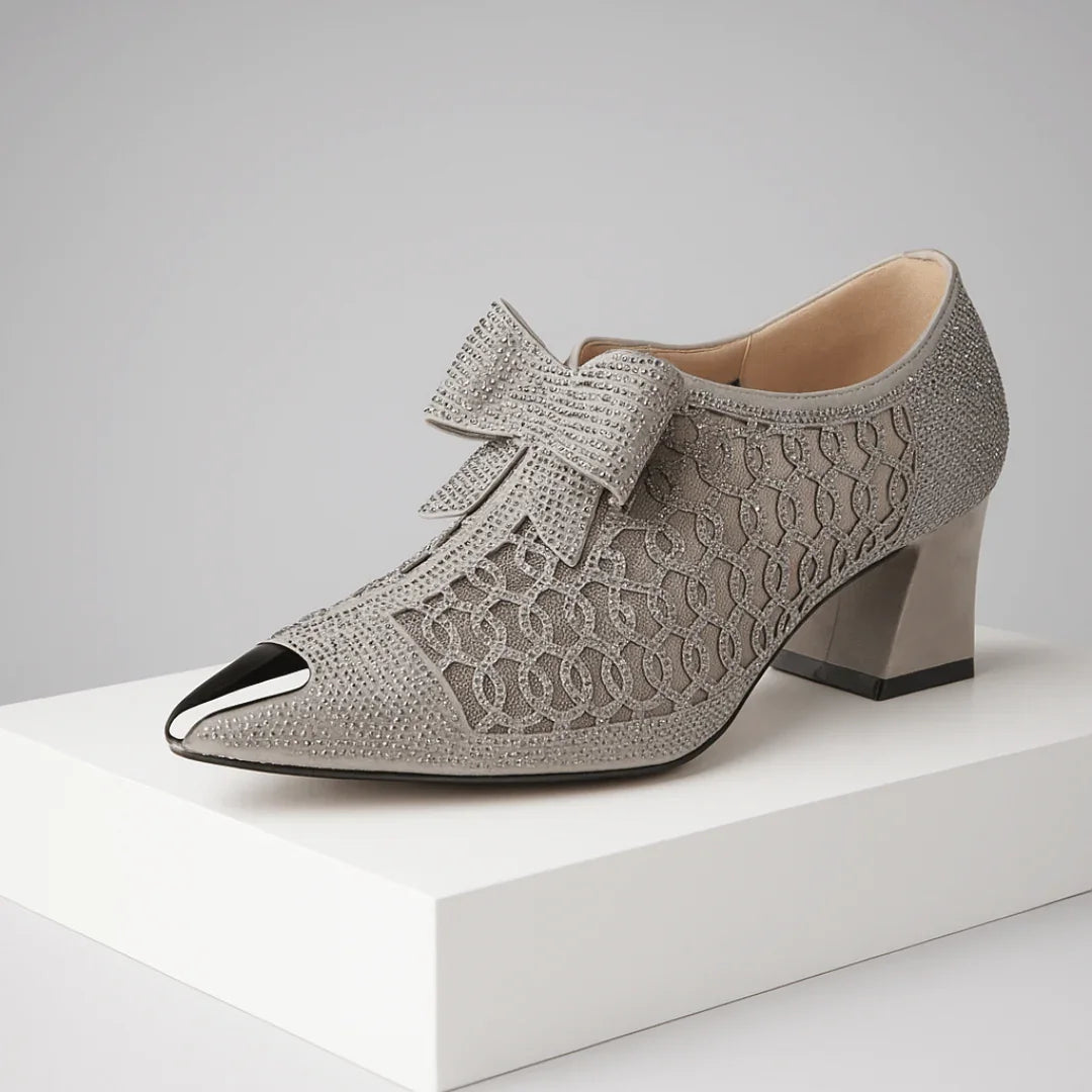 Kvinnor Klackskor Med Rhinestone Rosett Spetsig Tå Och Blockklack 6cm